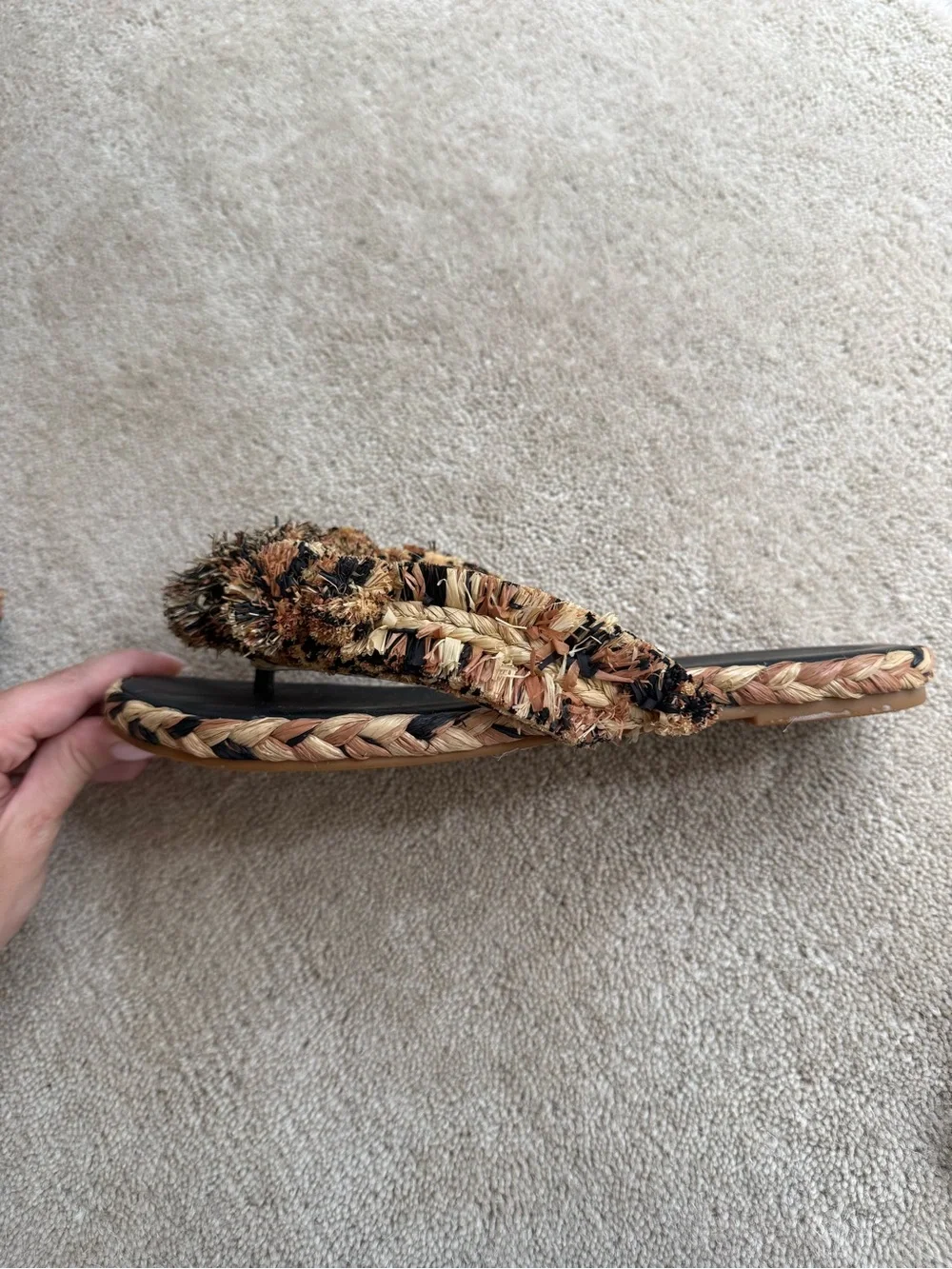 Tory Burch Tan and Black Raffia Pom Slide Sandals